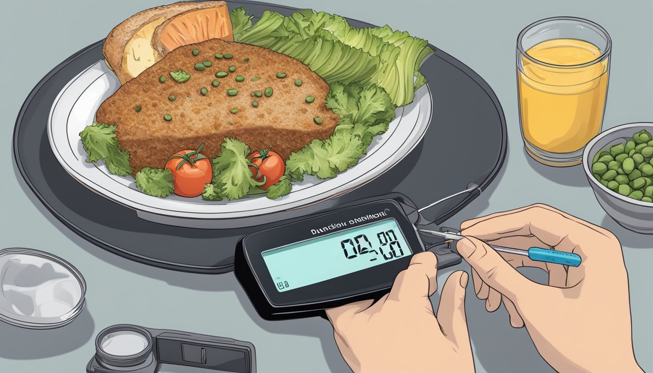 A person carefully measuring and portioning out food on a plate, with a diabetes monitor nearby