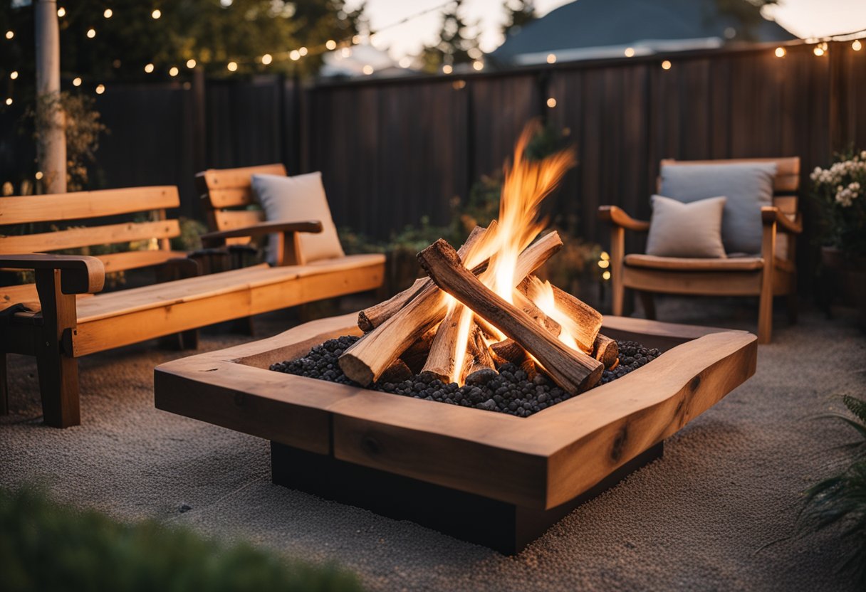 A cozy backyard fire pit surrounded by wooden benches, with string lights overhead and a stack of firewood nearby,my idea for a country backyard rustic fire pit ideas