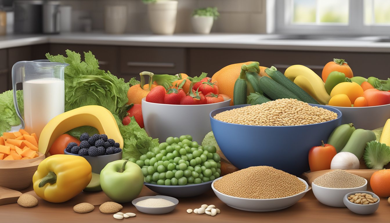 A colorful array of fresh fruits, vegetables, lean proteins, and whole grains displayed on a kitchen counter, with a measuring cup and a blood glucose monitor nearby