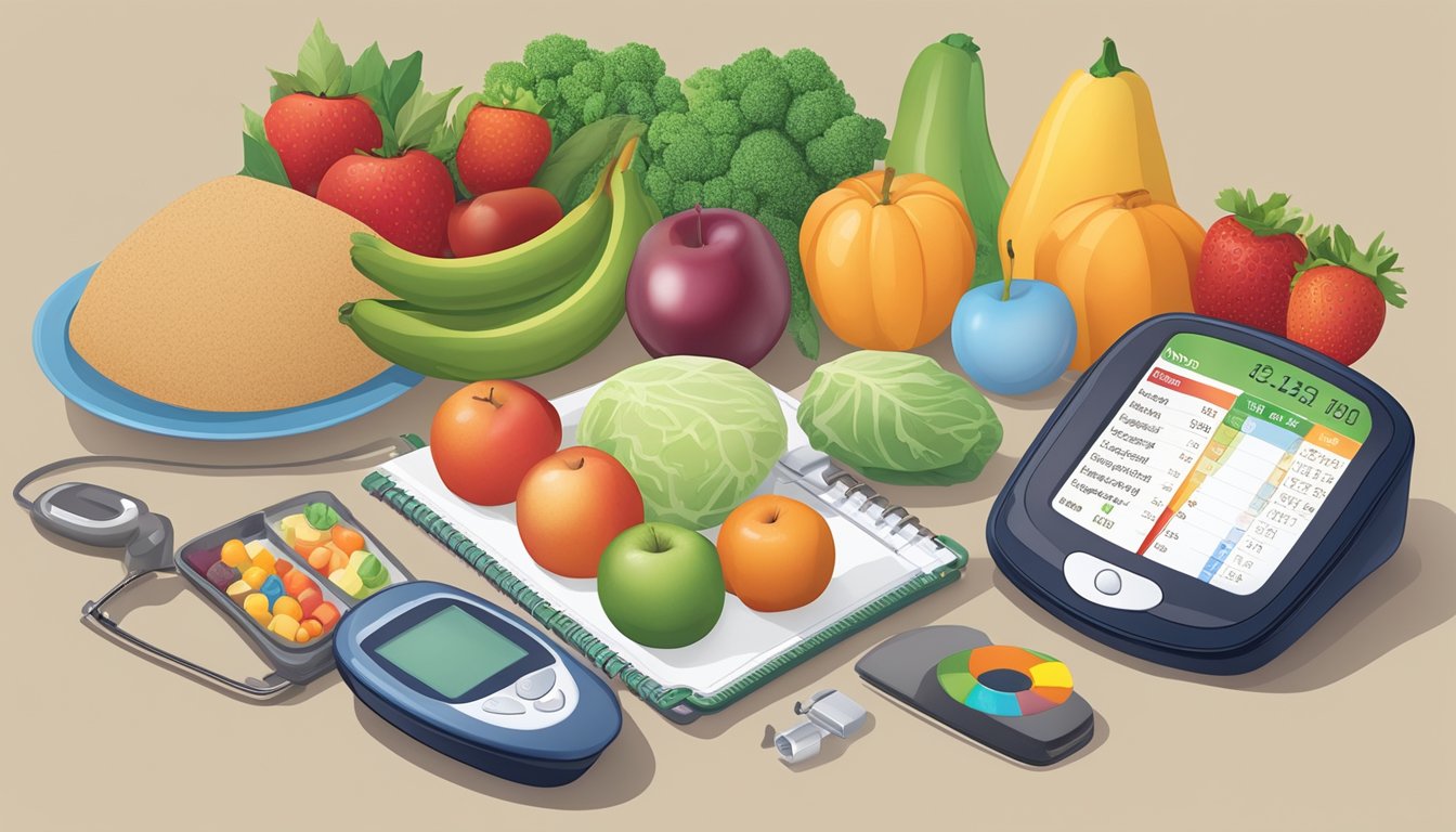 A table set with a balanced meal plan, including a variety of fruits, vegetables, lean proteins, and whole grains. A blood glucose monitor and insulin pen sit nearby