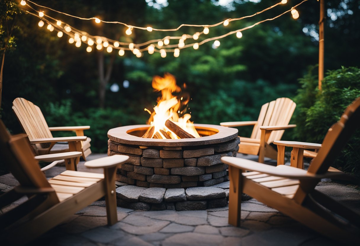 A cozy rustic fire pit surrounded by wooden Adirondack chairs, nestled in a backyard with string lights and a backdrop of lush greenery