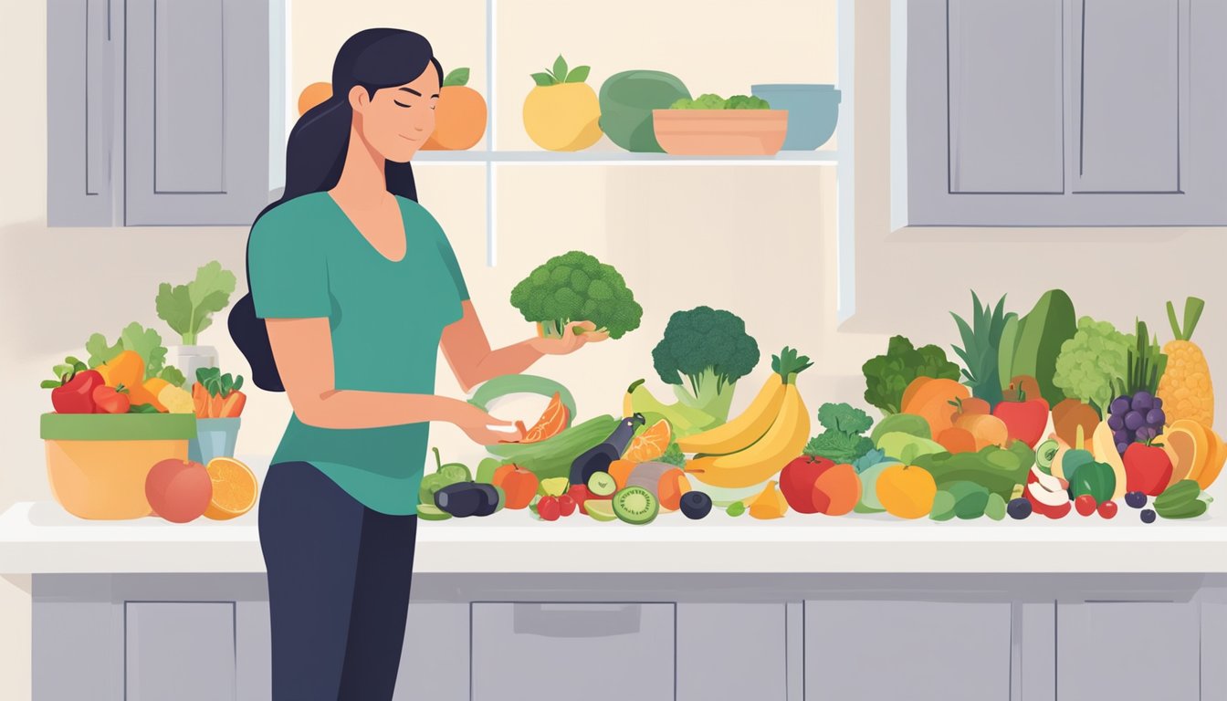 A person with diabetes prepares a variety of healthy foods for a joint health meal plan, including fruits, vegetables, lean proteins, and whole grains, while facing misconceptions and challenges