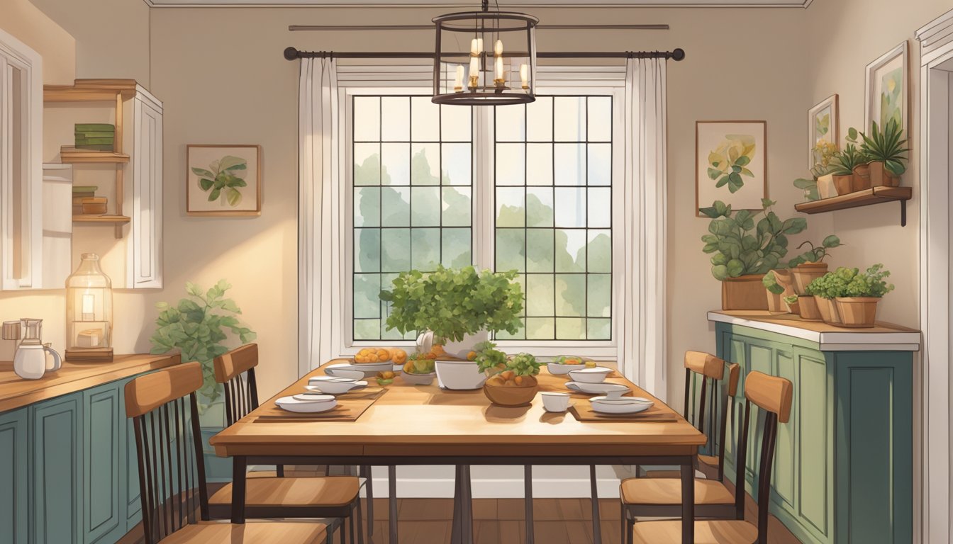 A cozy dining area with a table set for a nutritious meal, featuring balanced and diabetes-friendly options. Warm lighting and calming decor create a supportive atmosphere for those in eating disorder recovery