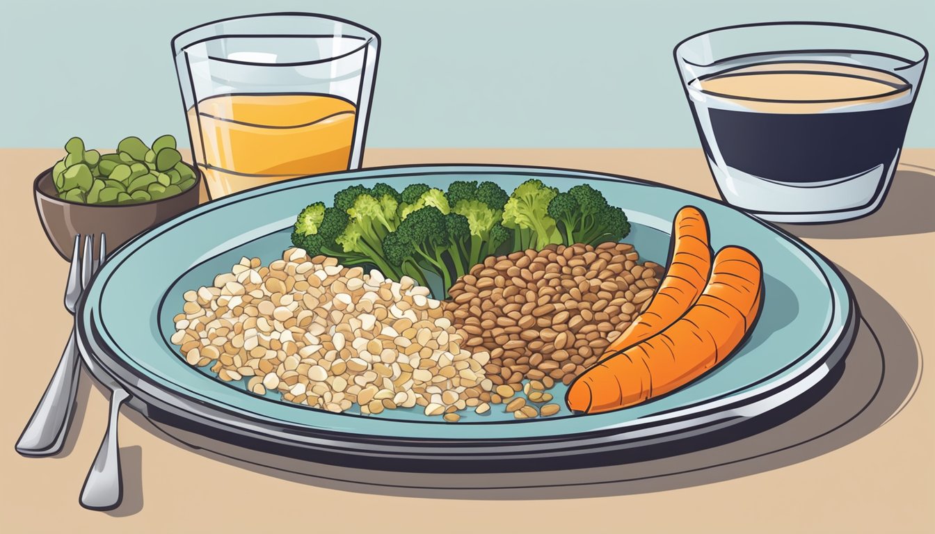 A colorful plate with a balanced meal of lean protein, whole grains, and a variety of vegetables, accompanied by a glass of water