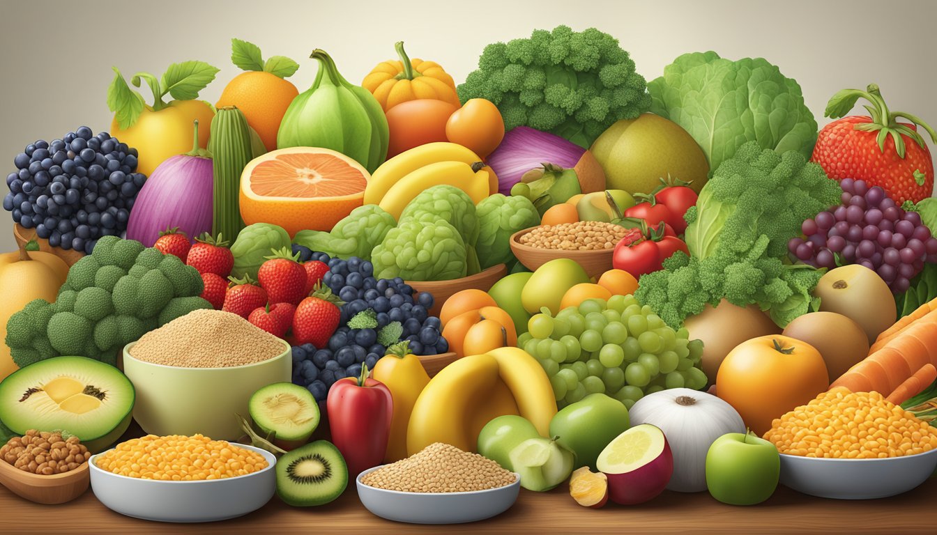 A colorful array of fresh fruits, vegetables, whole grains, and lean proteins arranged on a table, with a focus on balanced portion sizes and variety