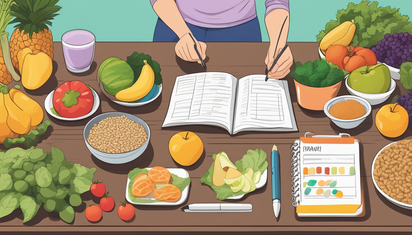 A colorful array of fruits, vegetables, lean proteins, and whole grains arranged on a table, with a person writing out a meal plan in the background