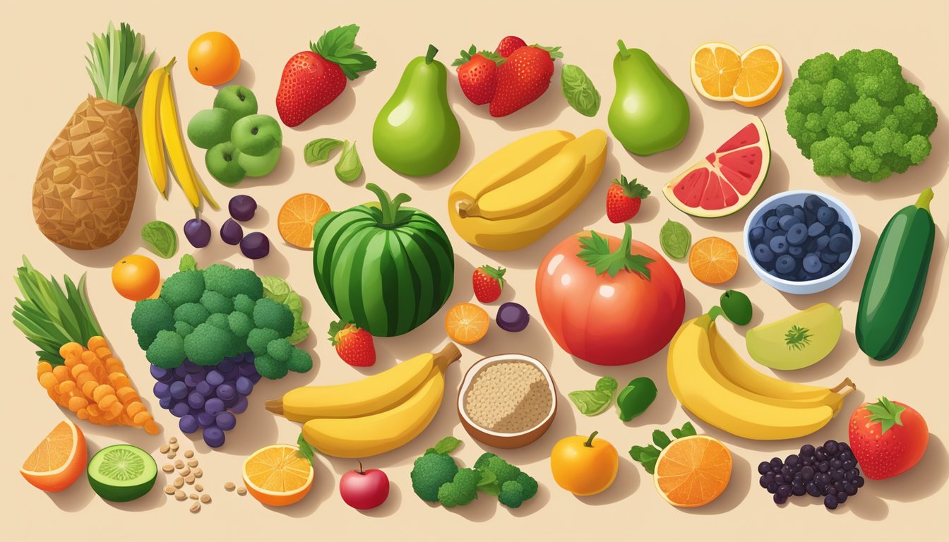 A colorful array of fruits, vegetables, lean proteins, and whole grains arranged on a table, with a focus on immune-supportive and diabetic-friendly foods