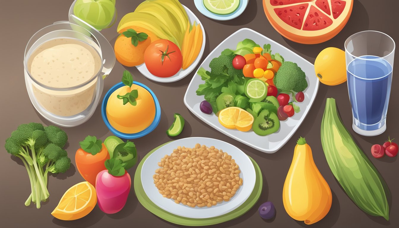 A table set with a balanced meal of lean protein, whole grains, and colorful vegetables, surrounded by a variety of fresh fruits and a glass of water