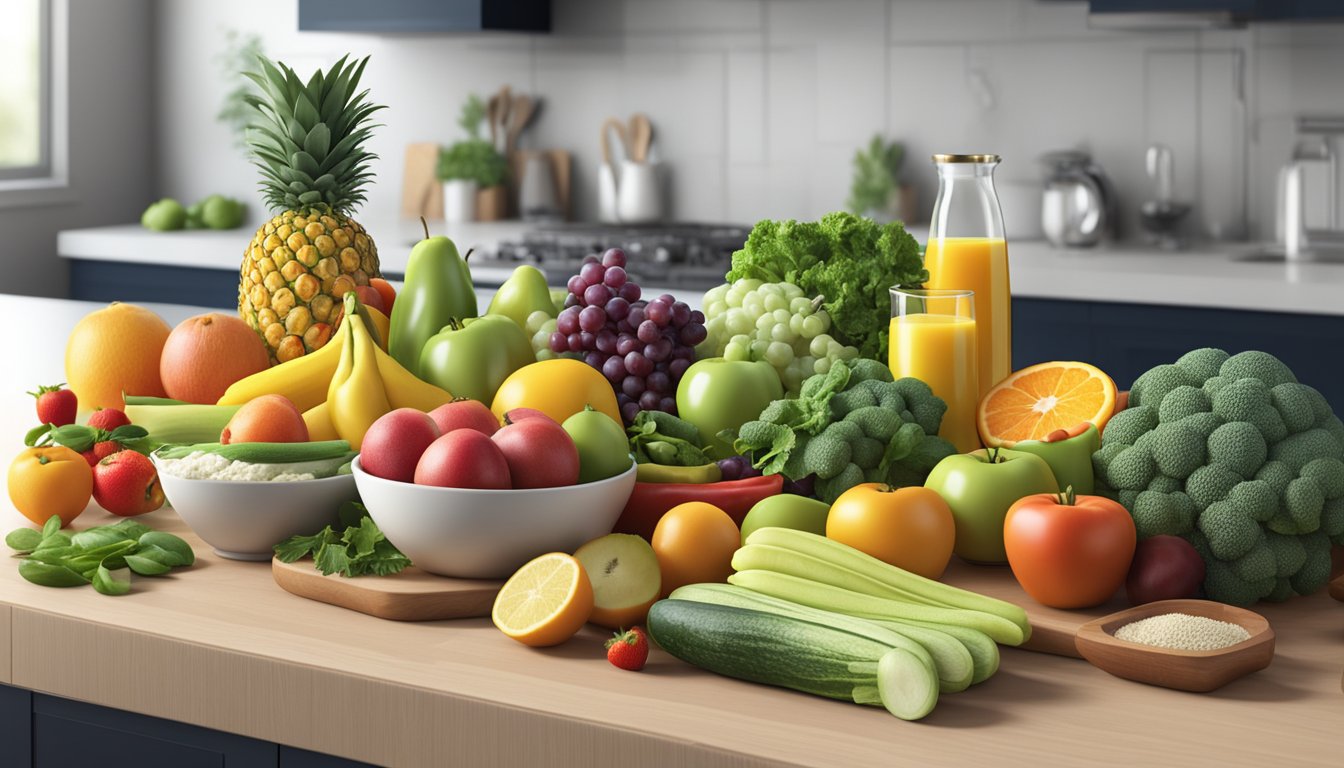 A colorful array of fresh fruits, vegetables, and lean proteins arranged on a clean, modern kitchen counter