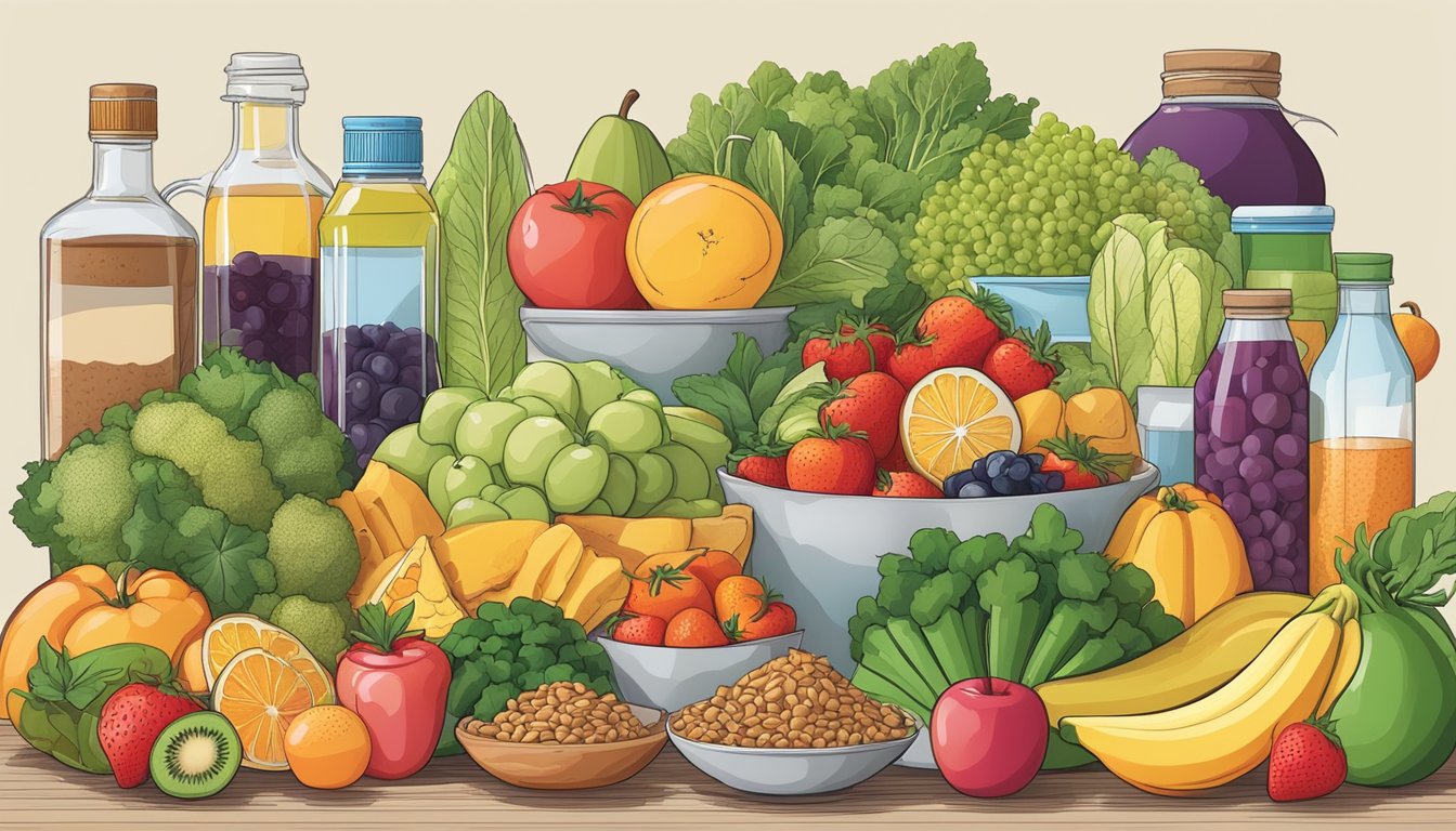 A colorful array of fruits, vegetables, whole grains, and lean proteins arranged on a table, with a focus on foods known to lower cortisol levels and support a stress-reducing diabetic meal plan