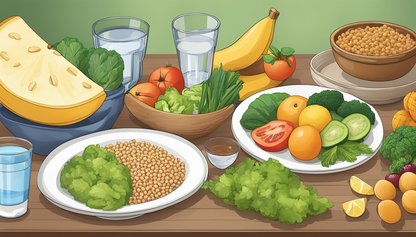 A table set with a variety of foods such as fruits, vegetables, whole grains, and lean proteins, with a glass of water on the side