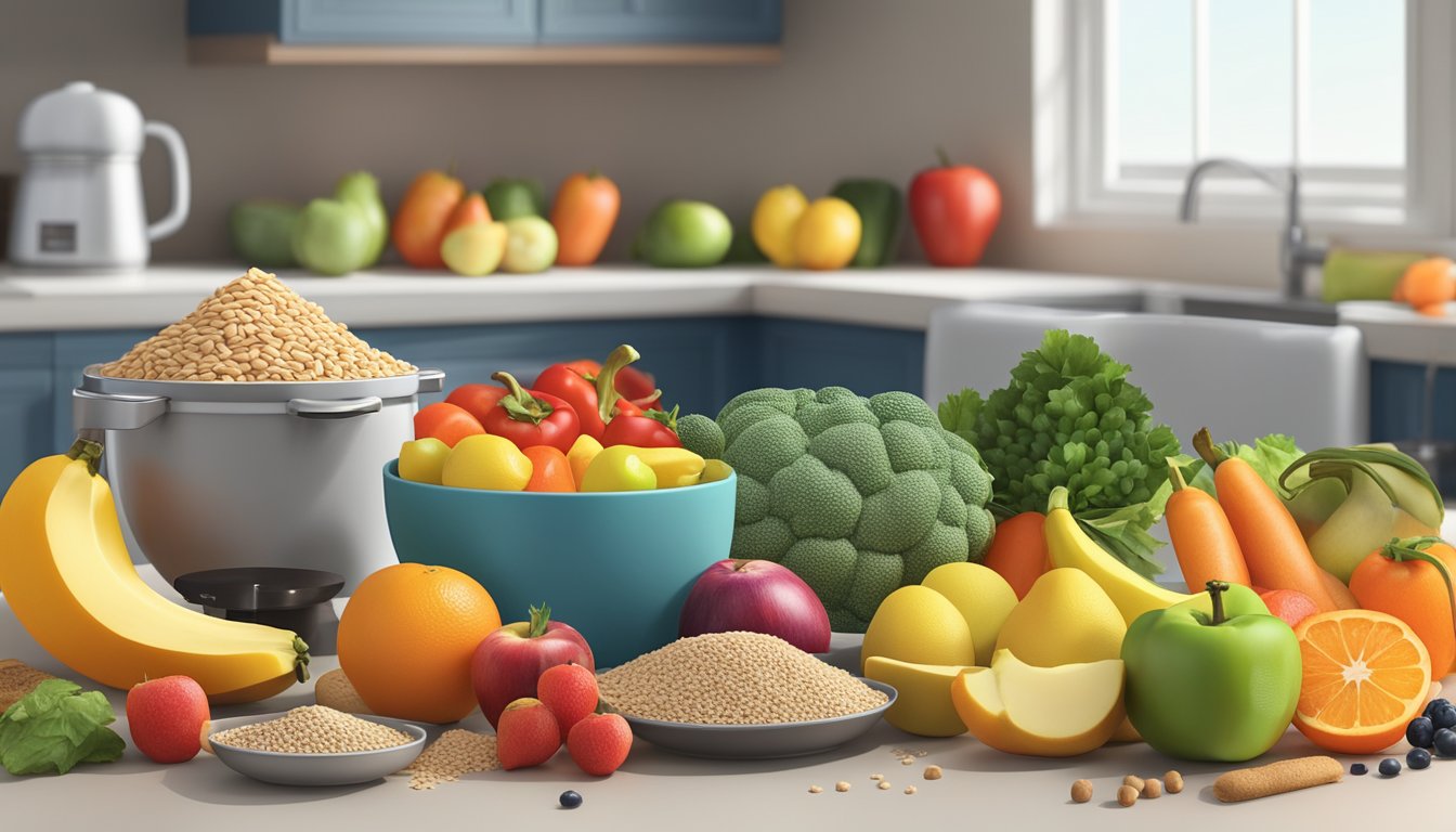 A colorful array of fresh fruits, vegetables, lean proteins, and whole grains spread out on a kitchen counter, with a measuring cup and food scale nearby