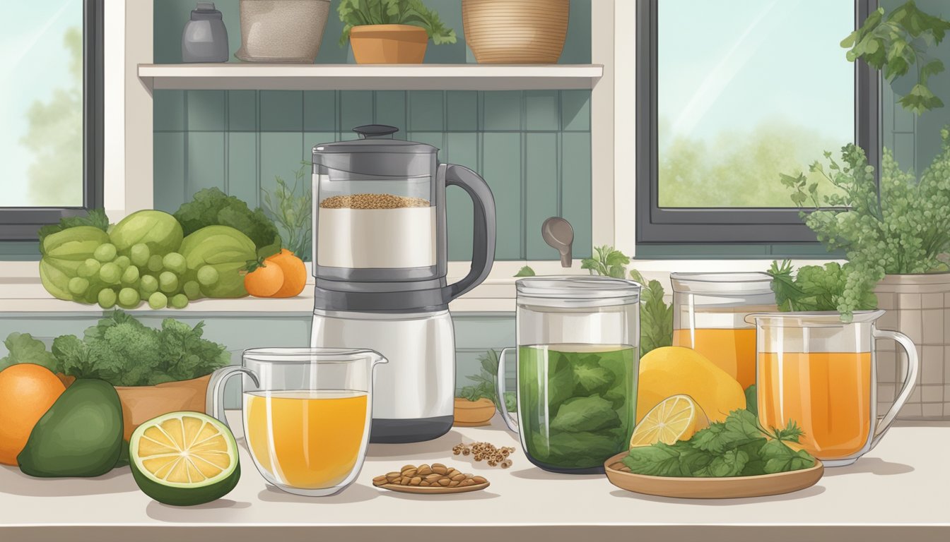 A serene kitchen with fresh fruits, vegetables, and whole grains on the counter. A calming herbal tea steeps in a mug