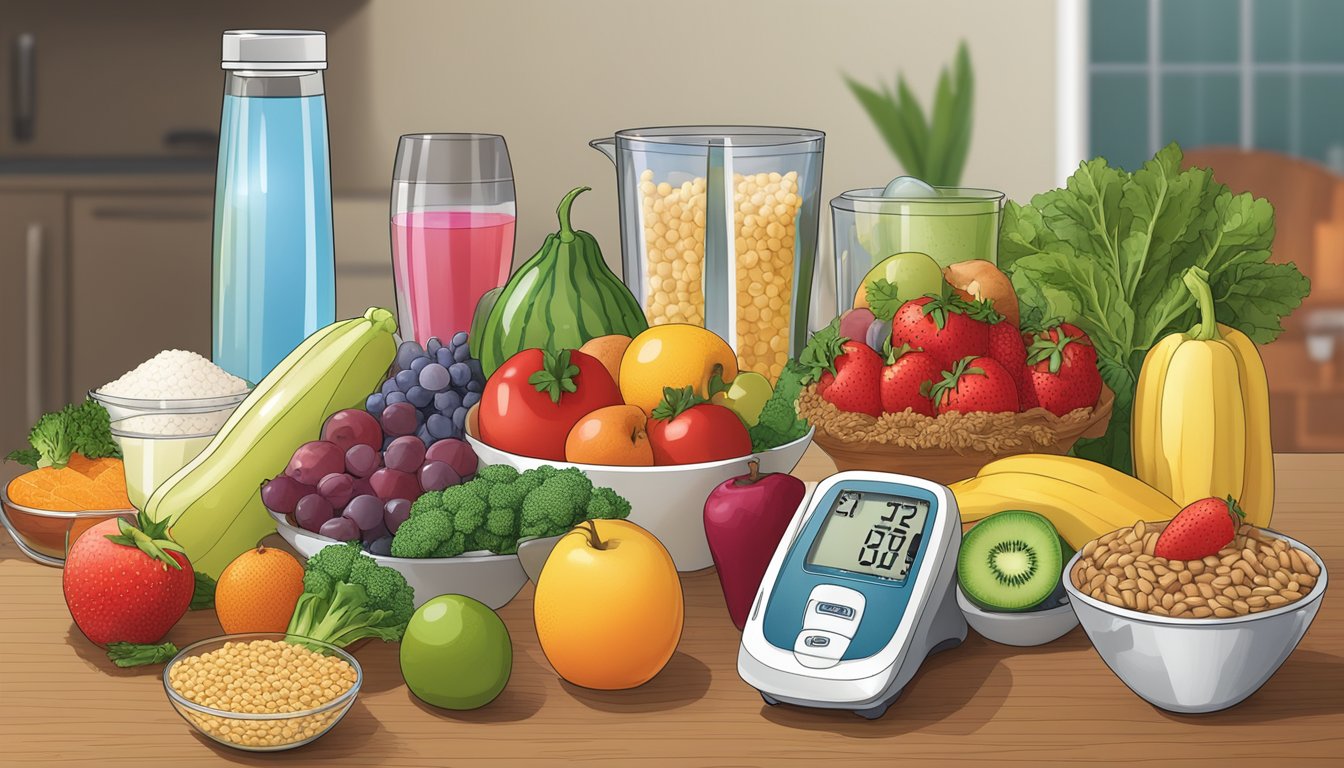 A colorful array of fresh fruits, vegetables, whole grains, and lean proteins arranged on a table, with a glass of water and a blood sugar monitor nearby