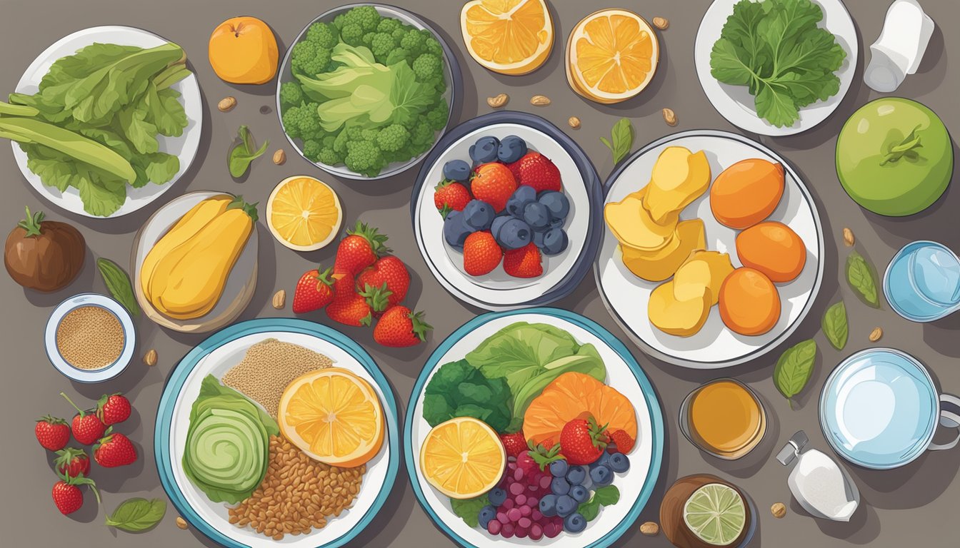 A table set with a variety of colorful, nutrient-rich foods, including fruits, vegetables, whole grains, and lean proteins. A glass of water and a plate of food are placed in the center