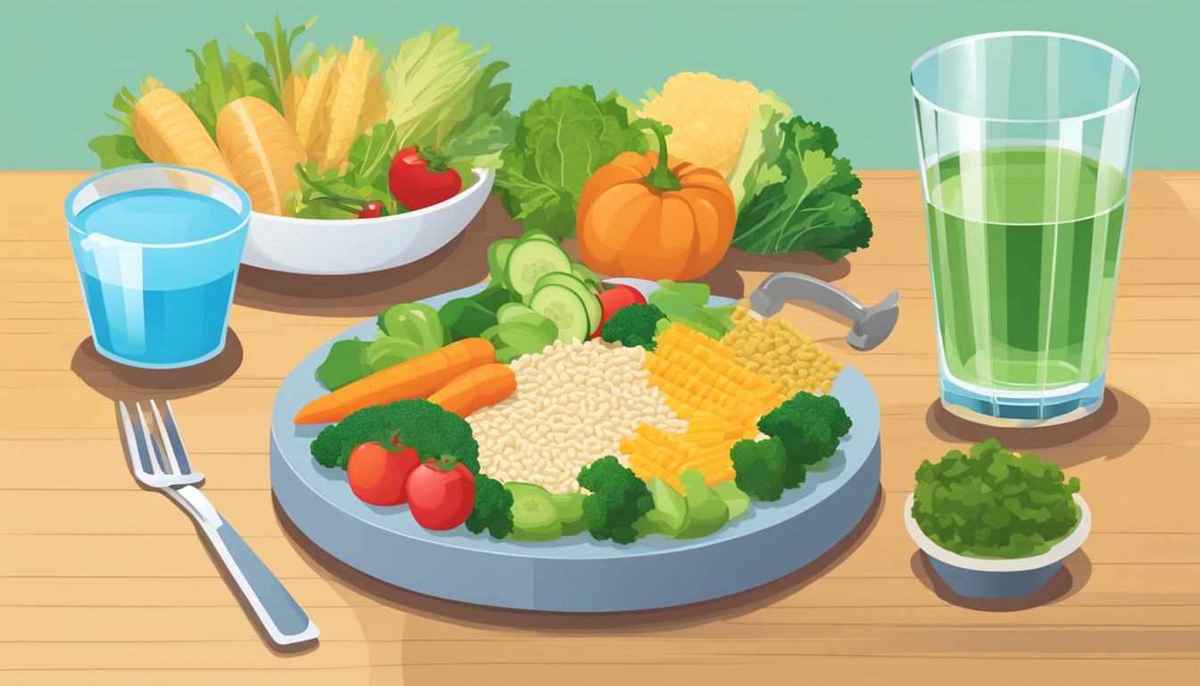 A table with colorful, balanced meals: vegetables, lean proteins, and whole grains. A glass of water and a measuring tape nearby