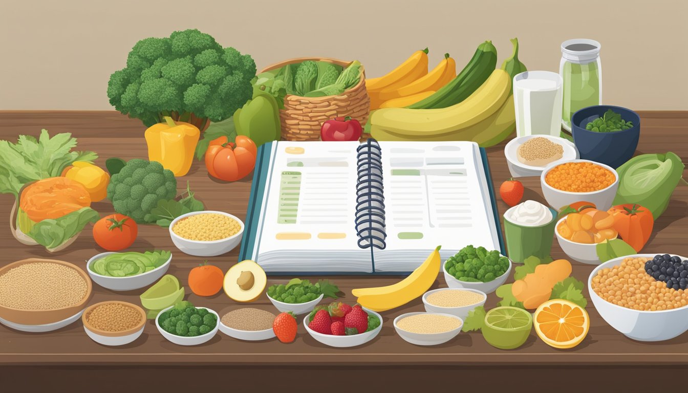 A table set with a variety of healthy foods, including fruits, vegetables, lean proteins, and whole grains. A meal plan and recipe book is open nearby