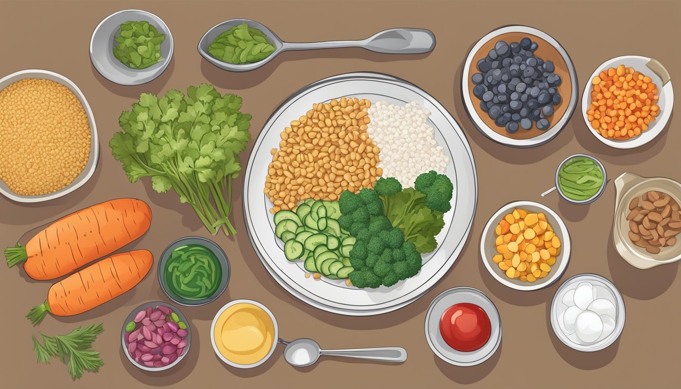 A colorful meal spread with balanced portions of vegetables, lean proteins, and whole grains, accompanied by a measuring cup and a blood sugar monitor