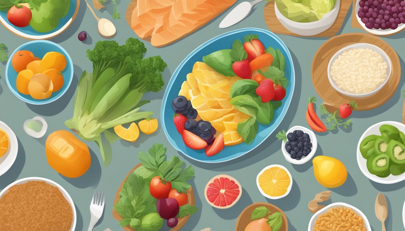 A table set with colorful fruits, vegetables, lean proteins, and whole grains. A person preparing a balanced diabetic meal