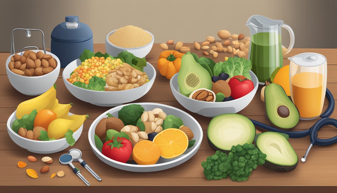 A table with a variety of healthy foods: fruits, vegetables, lean proteins, whole grains, and nuts. A stethoscope and blood glucose monitor sit nearby