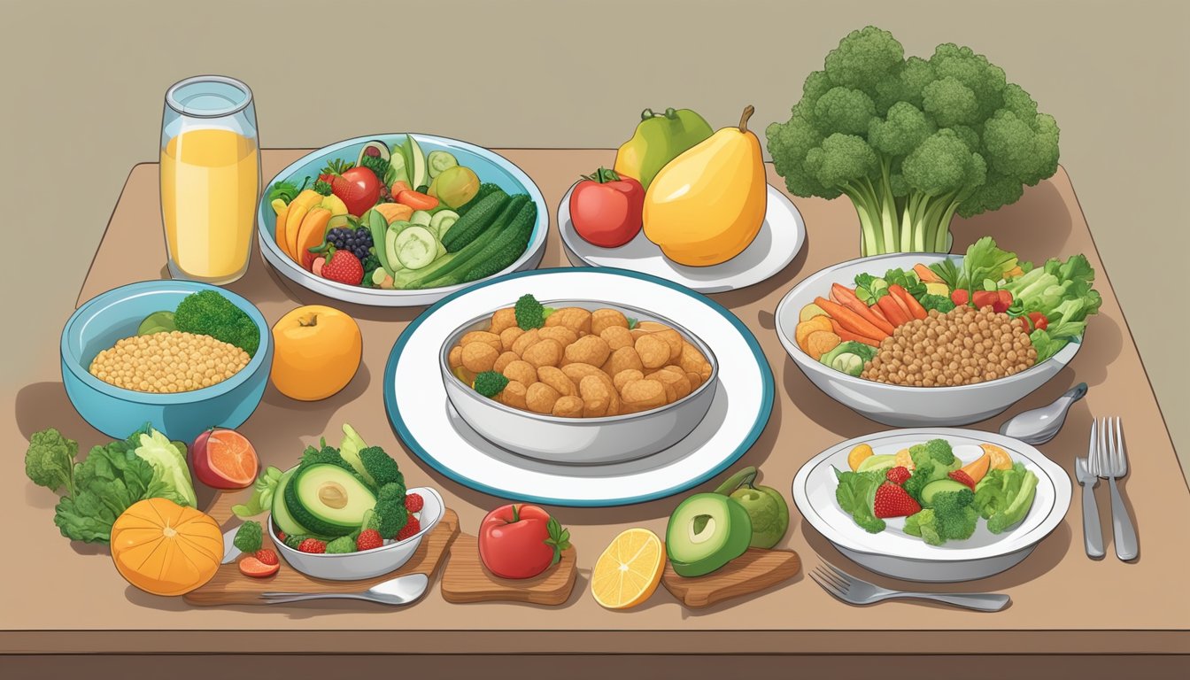 A table set with balanced meals and respiratory health-promoting foods for diabetics, including fresh fruits, vegetables, lean proteins, and whole grains