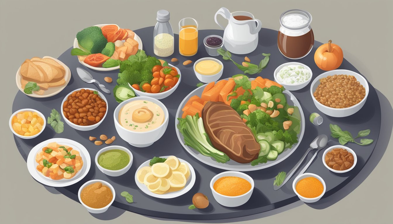 A table set with a balanced meal of kidney-friendly diabetic foods, surrounded by resources and support materials