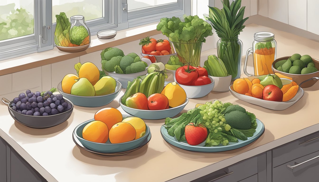 A kitchen counter with a variety of fresh fruits, vegetables, and lean proteins laid out for meal preparation. A cookbook open to a page with diabetic-friendly recipes