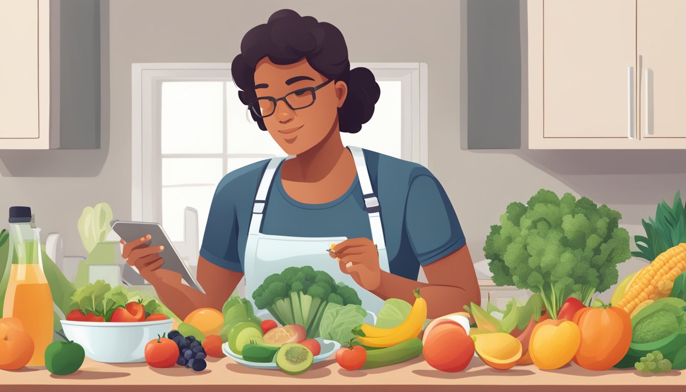 A person with diabetes carefully planning a healthy meal with a focus on ear health, surrounded by fresh fruits, vegetables, and whole grains