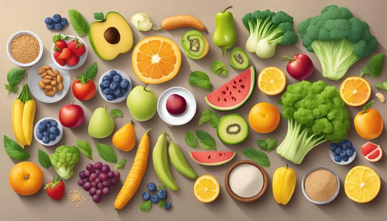 A table with a variety of colorful fruits, vegetables, whole grains, and lean proteins arranged in a balanced meal plan for respiratory health and diabetes management