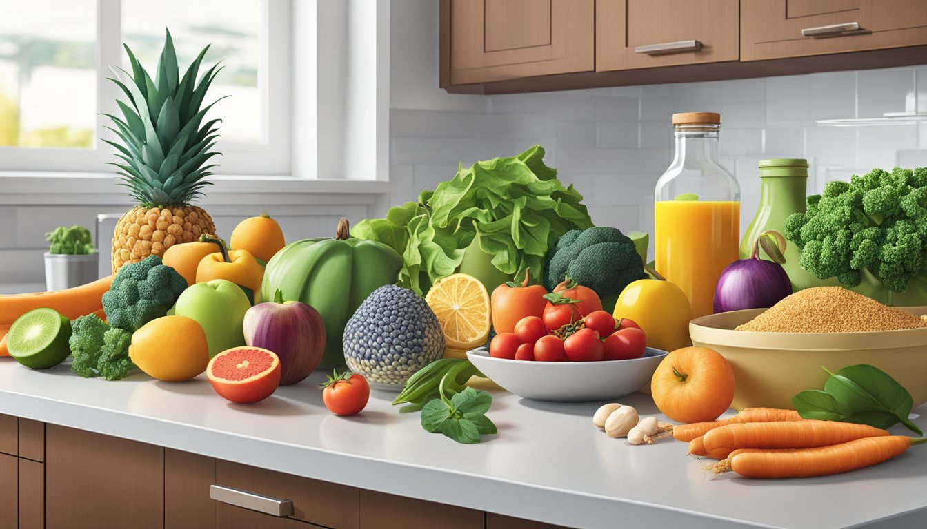 A colorful array of fresh fruits, vegetables, lean proteins, and whole grains arranged on a clean, modern kitchen countertop