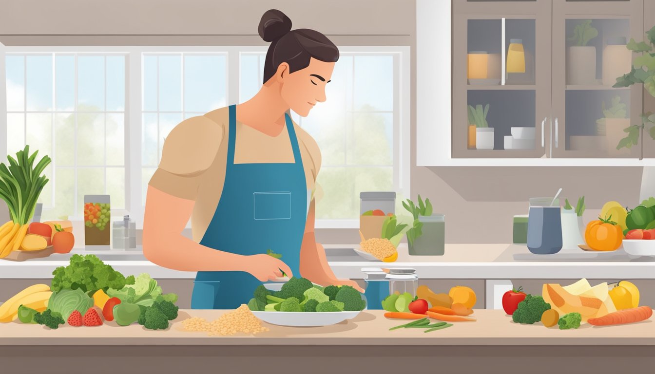 A person preparing a balanced meal with fresh fruits, vegetables, lean proteins, and whole grains. A respiratory health meal plan for diabetics