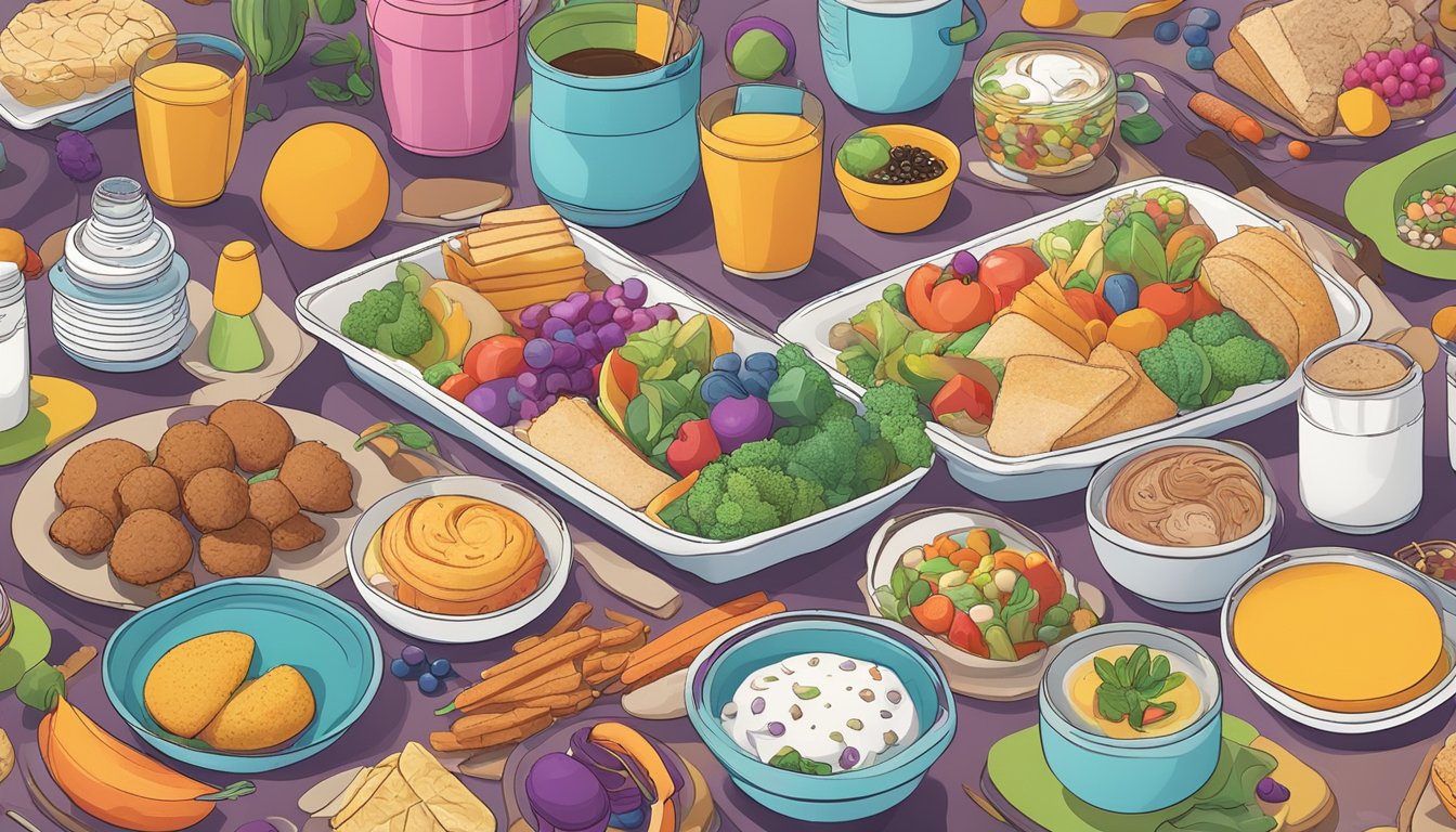 A colorful meal spread with various textures and flavors, surrounded by calming sensory objects like fidget toys and noise-canceling headphones