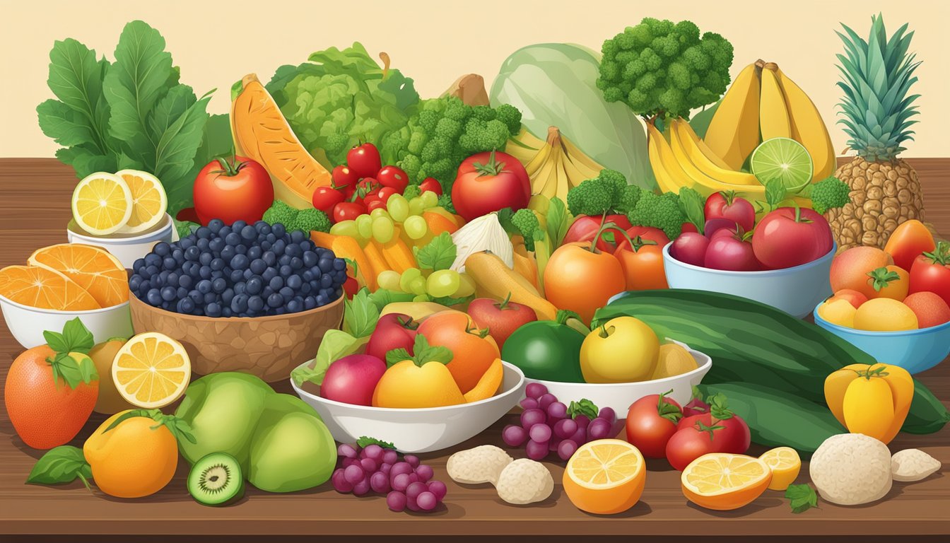 A colorful array of fresh fruits, vegetables, and whole grains arranged on a table, with a plate of balanced diabetic-friendly meal