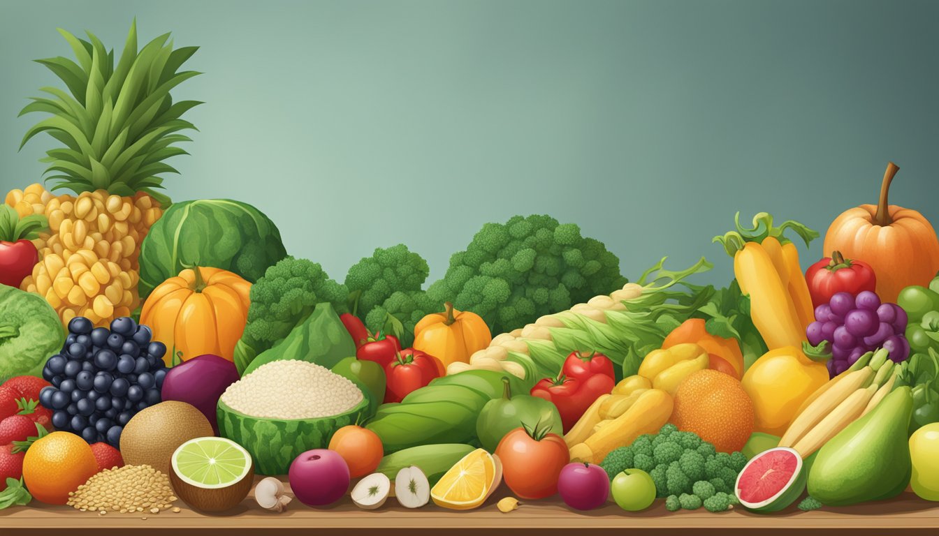 A colorful array of fresh fruits, vegetables, and whole grains arranged on a table, with a focus on texture and variety