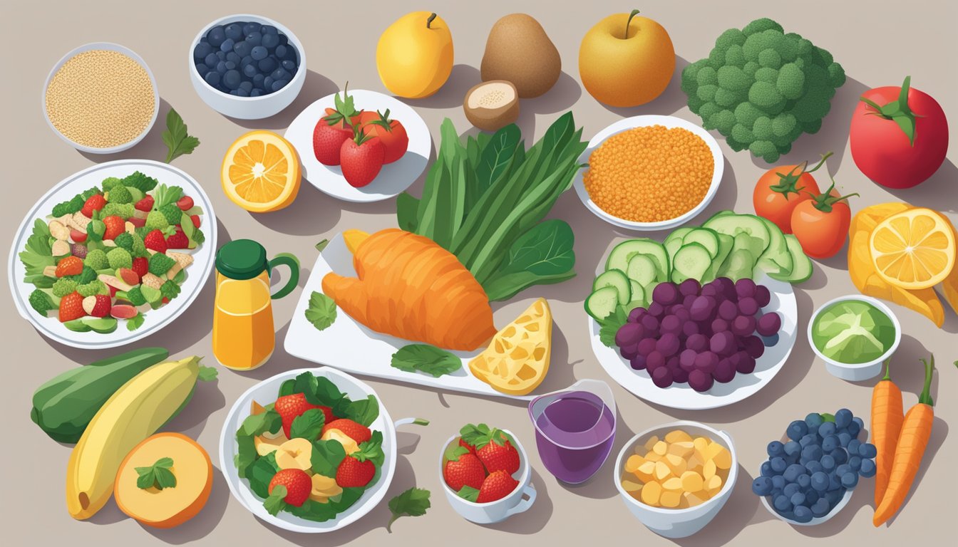 A table set with a variety of colorful, nutrient-rich foods, including fruits, vegetables, lean proteins, and whole grains. A hearing aid and ear protection gear are placed next to the meal