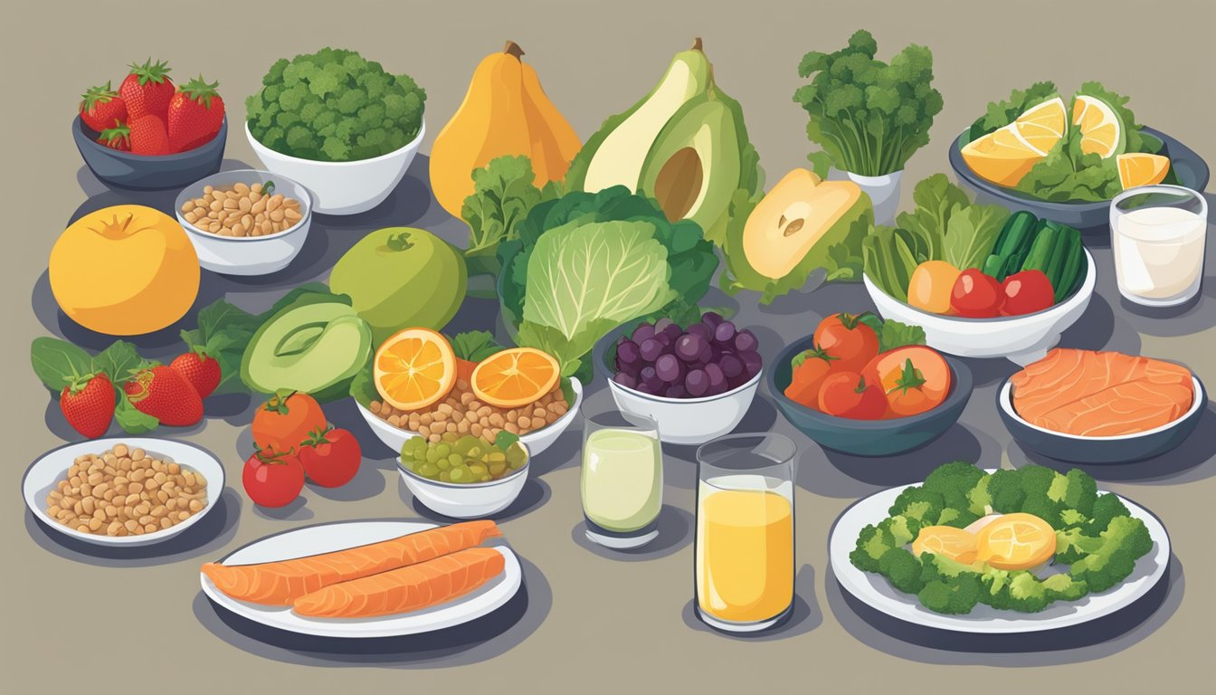 A table with a balanced meal plan for diabetics, including colorful fruits and vegetables, lean proteins, and whole grains. A separate section features foods that support depression management, such as omega-3 rich fish and leafy greens