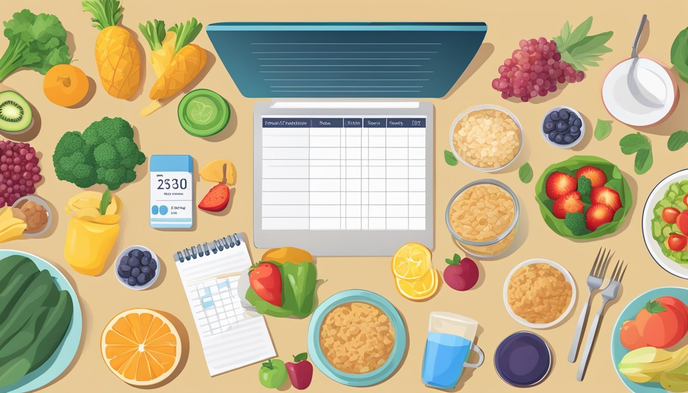 A table set with balanced, colorful meals and snacks, including fruits, vegetables, lean proteins, and whole grains. A notebook with meal plans and a blood sugar monitor are nearby