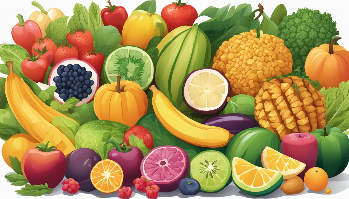 A colorful array of fruits, vegetables, and whole grains arranged on a table, with a variety of textures and shapes