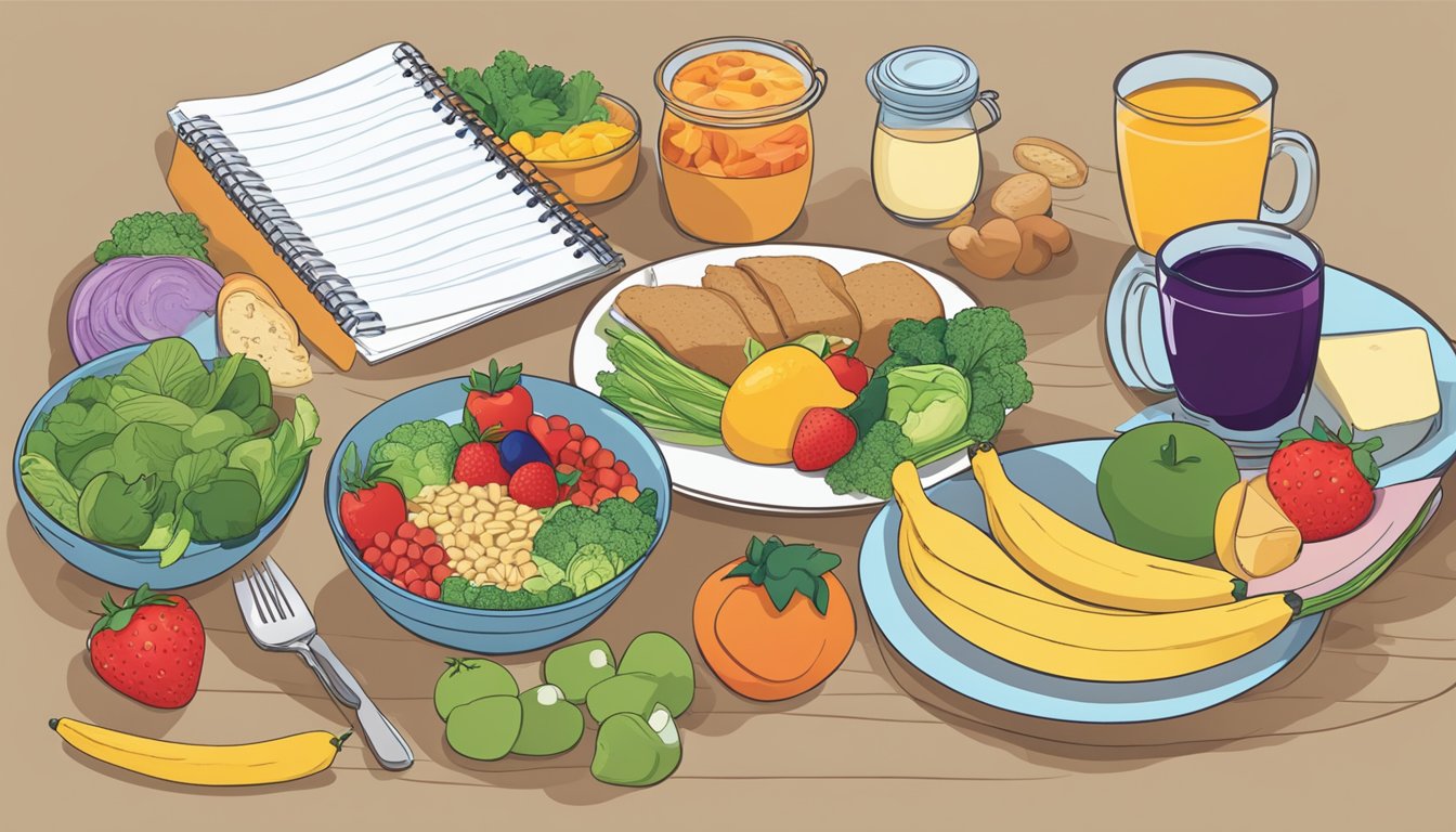 A table with a variety of healthy foods including fruits, vegetables, whole grains, lean proteins, and dairy products. A notebook with meal plans and suggestions for managing depression and diabetes