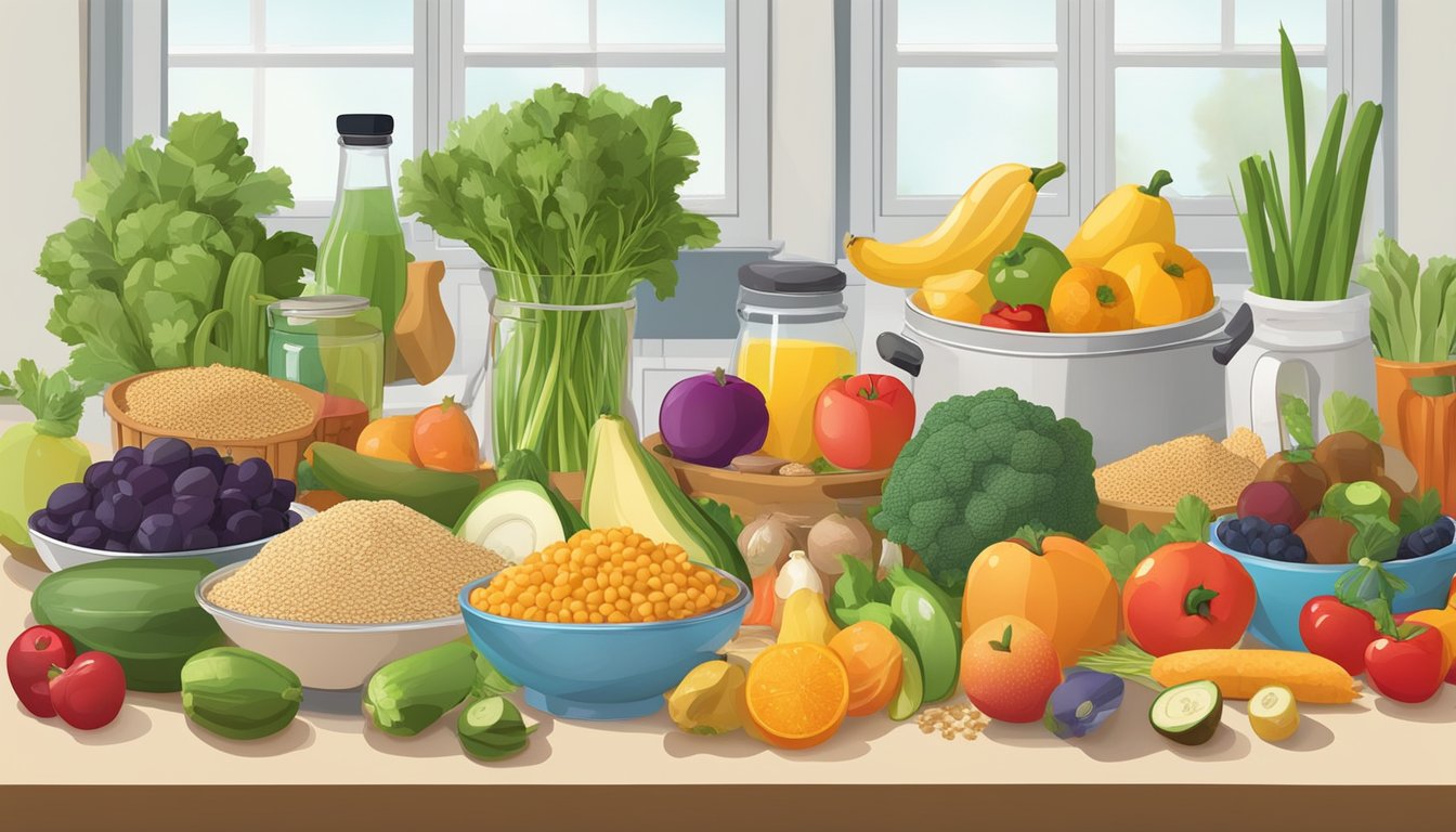 A colorful array of fresh fruits, vegetables, and whole grains arranged on a table, with a variety of cooking utensils and kitchen appliances nearby