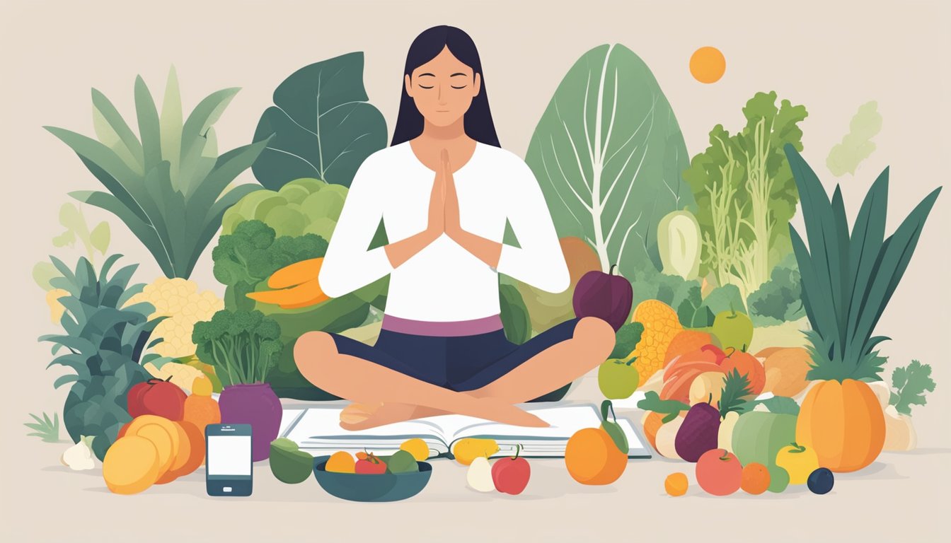 A serene outdoor scene with a person practicing yoga, surrounded by fresh fruits and vegetables, a diabetes meal plan, and a journal for depression management