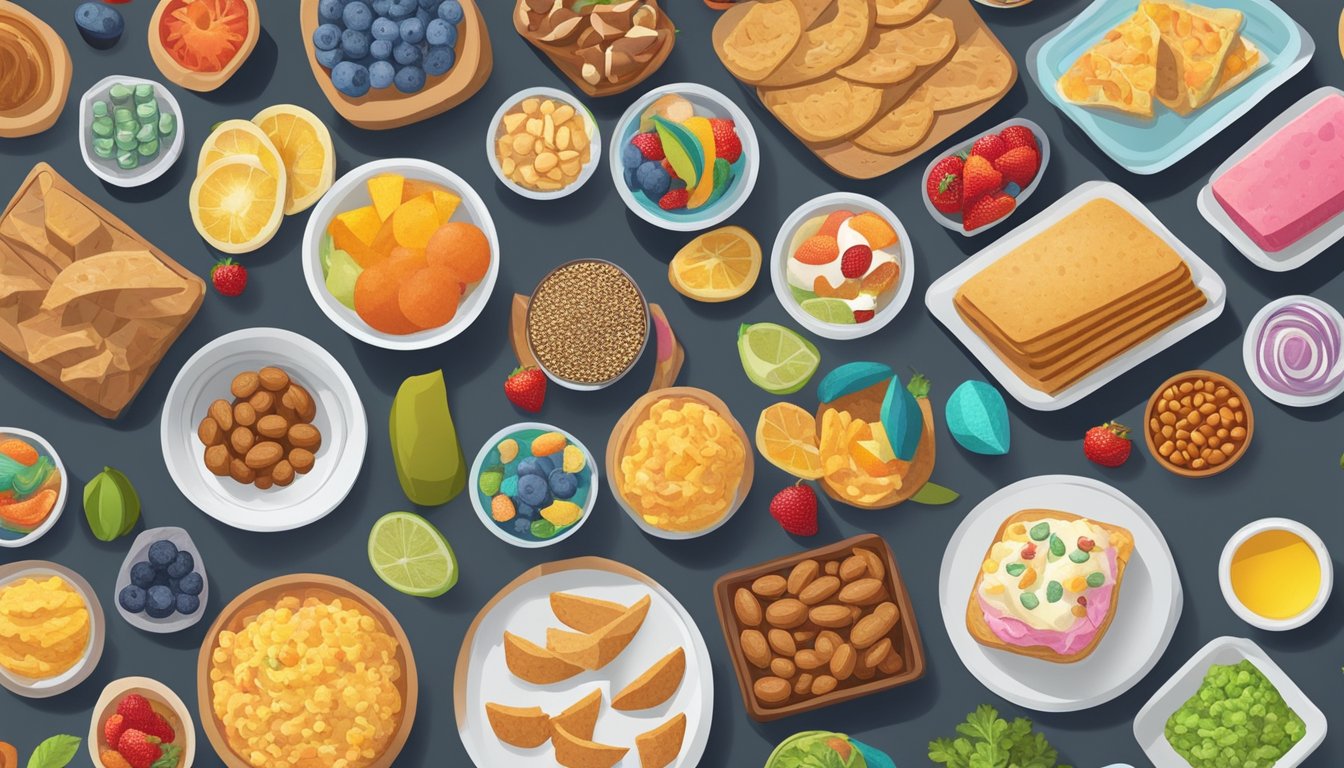 A colorful array of sensory-friendly snacks and diabetic meal options arranged on a table, with a variety of textures and shapes