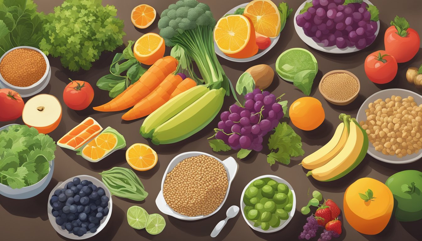 A colorful array of fruits, vegetables, whole grains, and lean proteins arranged on a table, with a pair of healthy feet in the background