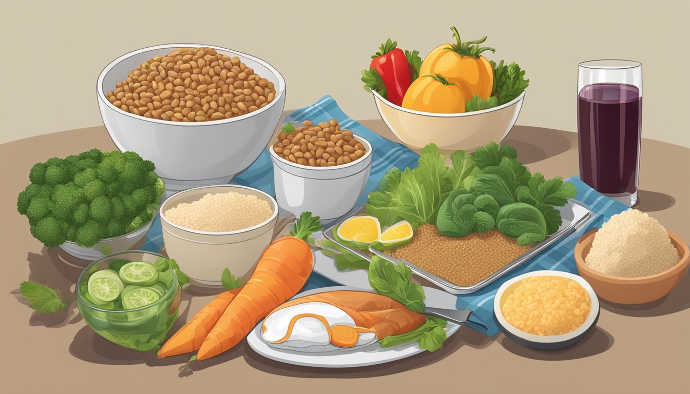 A table set with balanced diabetic meal: lean protein, whole grains, vegetables, and a small portion of fruit. A pair of comfortable diabetic-friendly shoes nearby