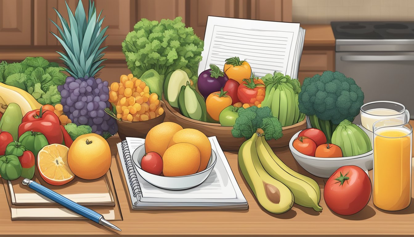 A kitchen counter with a variety of fresh fruits, vegetables, and whole grains, along with a measuring cup and a recipe book open to a page on diabetic-friendly meal plans