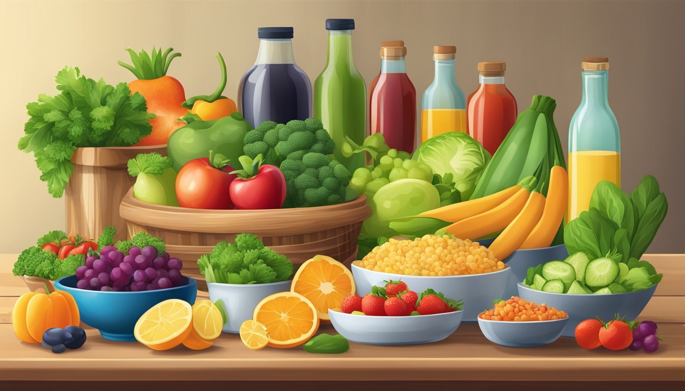 A table set with a variety of colorful, healthy foods, with a focus on fresh fruits and vegetables. A nutritionist or chef may be present, offering guidance and support