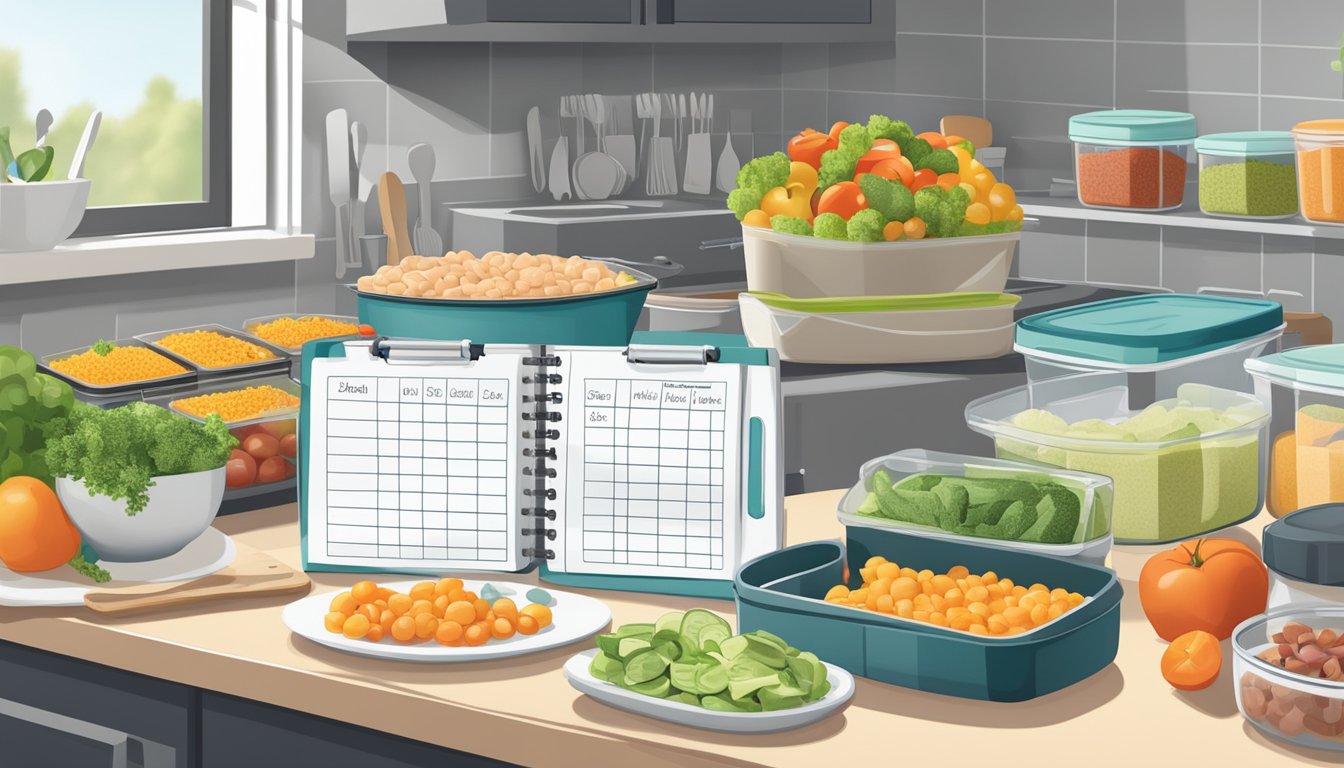 A kitchen counter with organized containers of prepped food, a diabetic meal plan chart, and a busy schedule calendar nearby