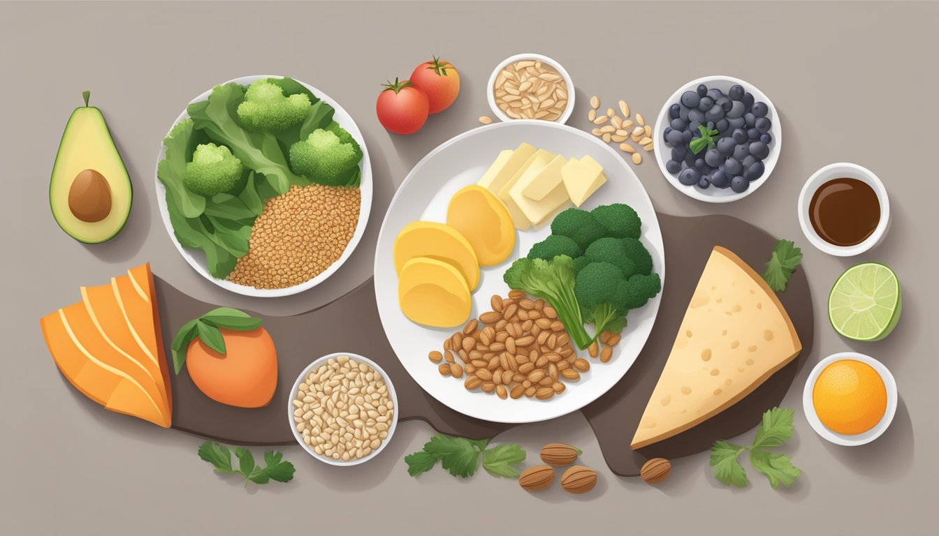 A table set with a balanced meal of lean protein, whole grains, vegetables, and fruits, with a focus on portion control and low glycemic index foods