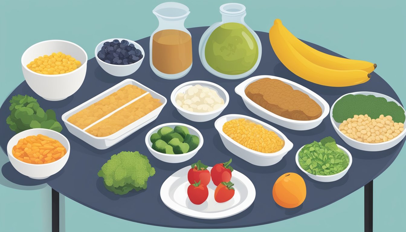 A table set with a variety of healthy foods, including fruits, vegetables, lean proteins, and whole grains. A measuring cup and portioned plates are arranged next to a diabetes education booklet