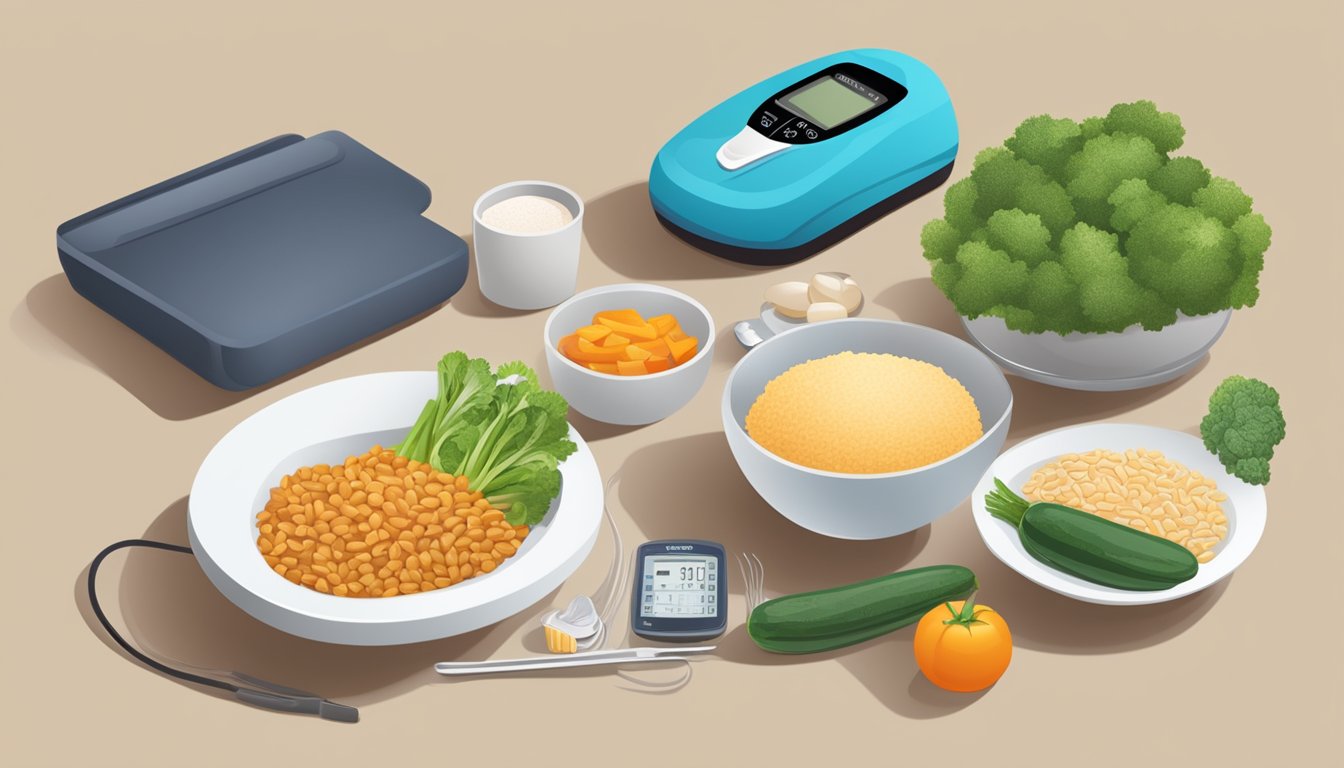 A table set with a balanced meal including vegetables, lean protein, and whole grains. A pair of comfortable shoes and a glucose monitor sit nearby